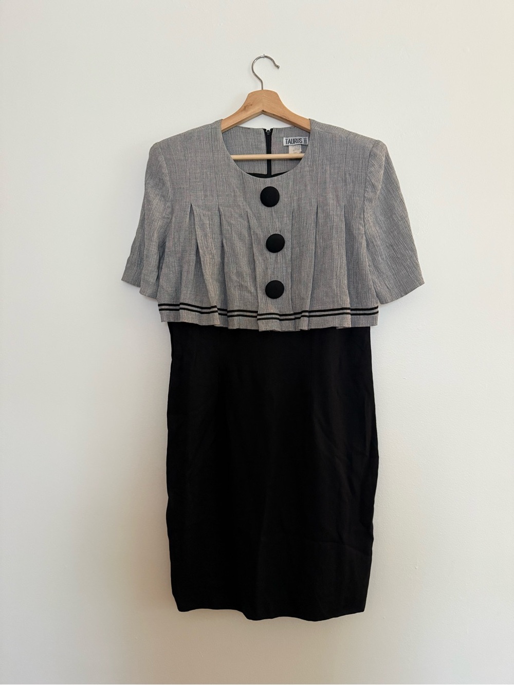 Vintage Black and Gray Overlay Work Dress with Accent Buttons